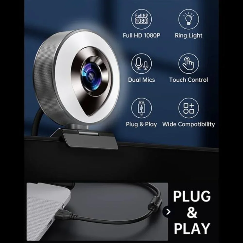 HD 1080P Webcam with Microphone and Ring Light Plug and Play Computer Camera NEW - Picture 2 of 3